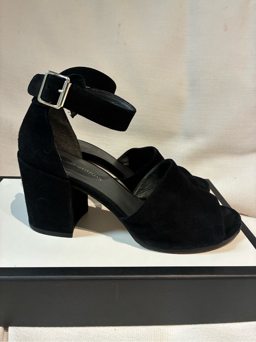 Stuart Weitzman 6.5 Black Suede Block Heel Ankle Strap Sandals